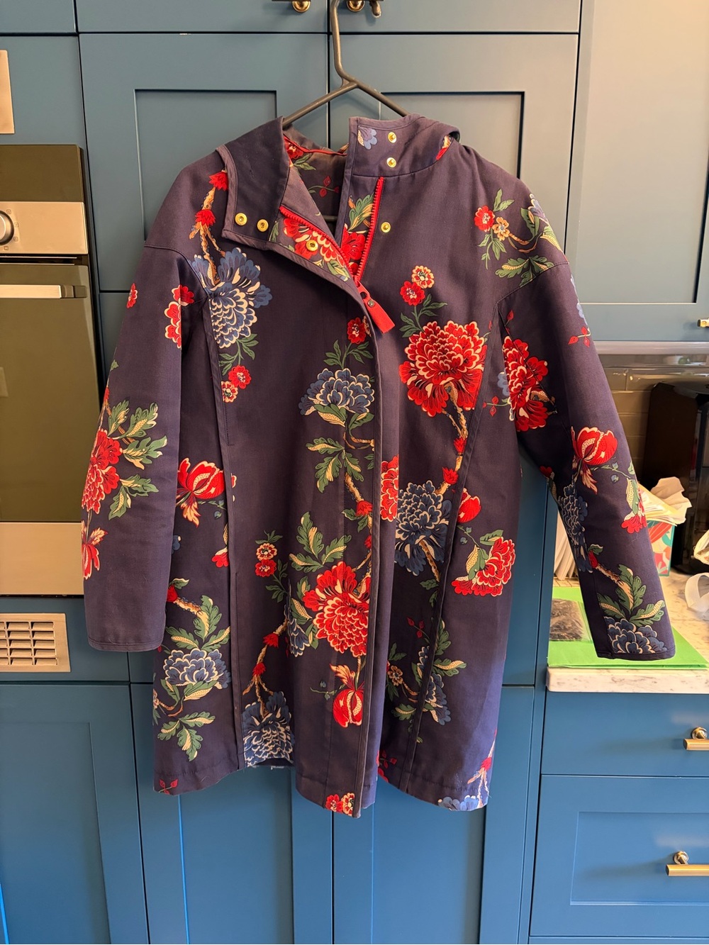 Joules Womens Navy Floral Hooded Raincoat US 8 UK 12 Zip & Snap